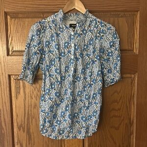 Blue Floral half Button-Up Blouse